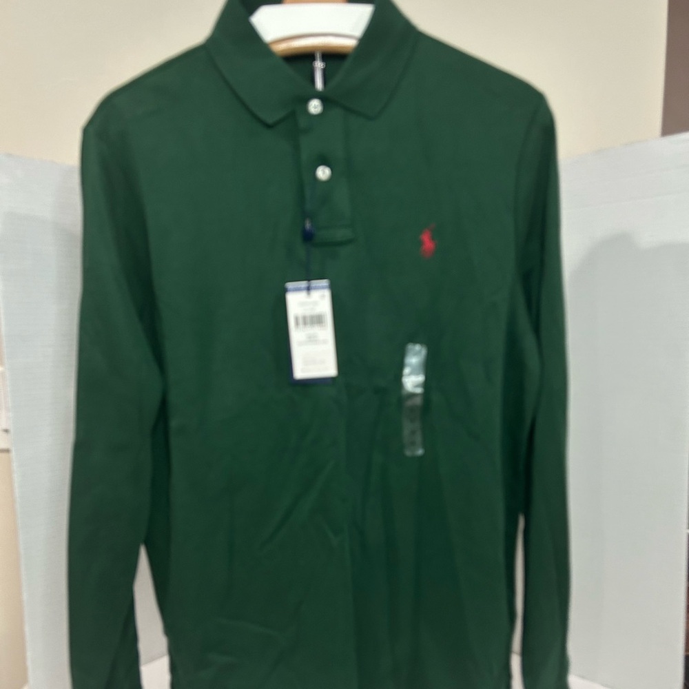 Polo Ralph Lauren Classic Fit Stretch Mesh Long Sleeve Polo Shirt, Size M & Gree